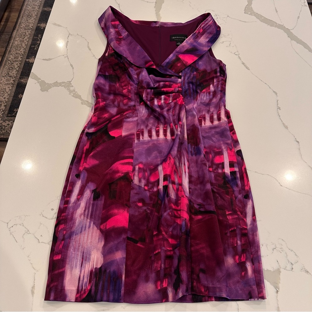 Connected Apparel Vibrant Purple Watercolor Satin A-Line Dress 12 Midi Formal - Picture 7 of 14